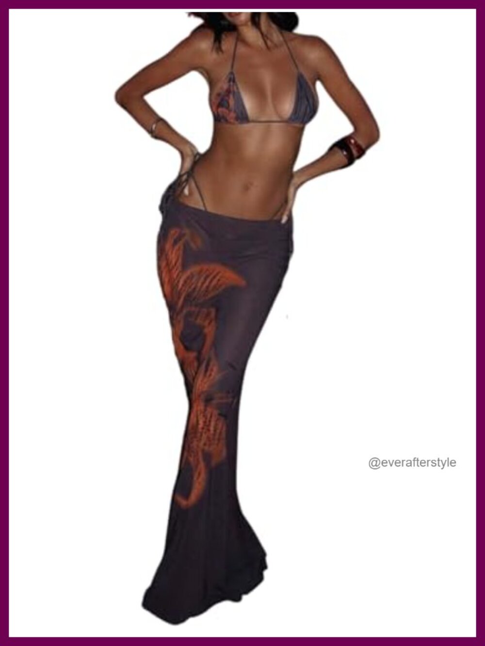 3 Piece Floral Bikini Set Halter Triangle Swimsuit with Mesh Maxi Skirt
